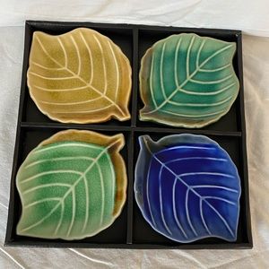 Four Rare Vintage Asian Ceramic Leaf Plates Blues, Greens, Golden Browns